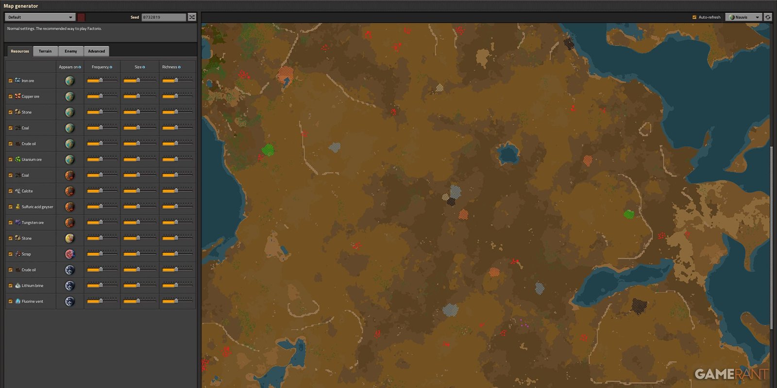 Map generated in Factorio with resource scarcity