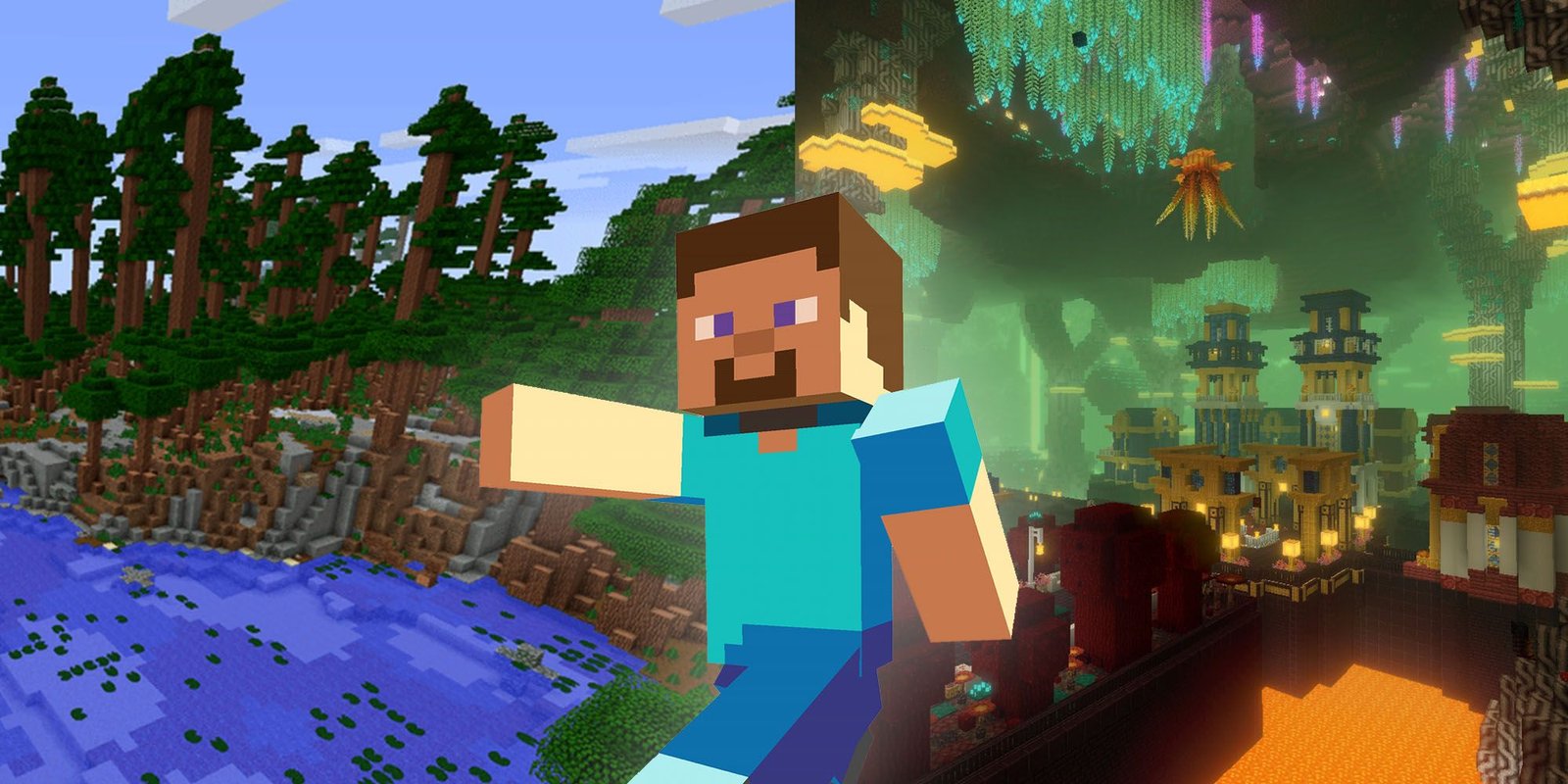 Minecraft Steve in front of a collage of biomes