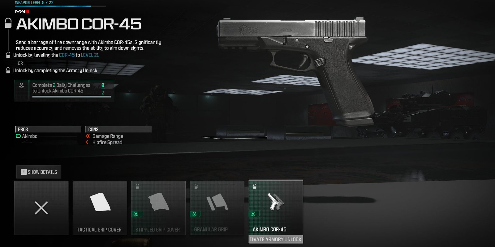 Screenshot showcasing how to unlock the Akimbo COR-45 in Modern Warfare 3 and Warzone 