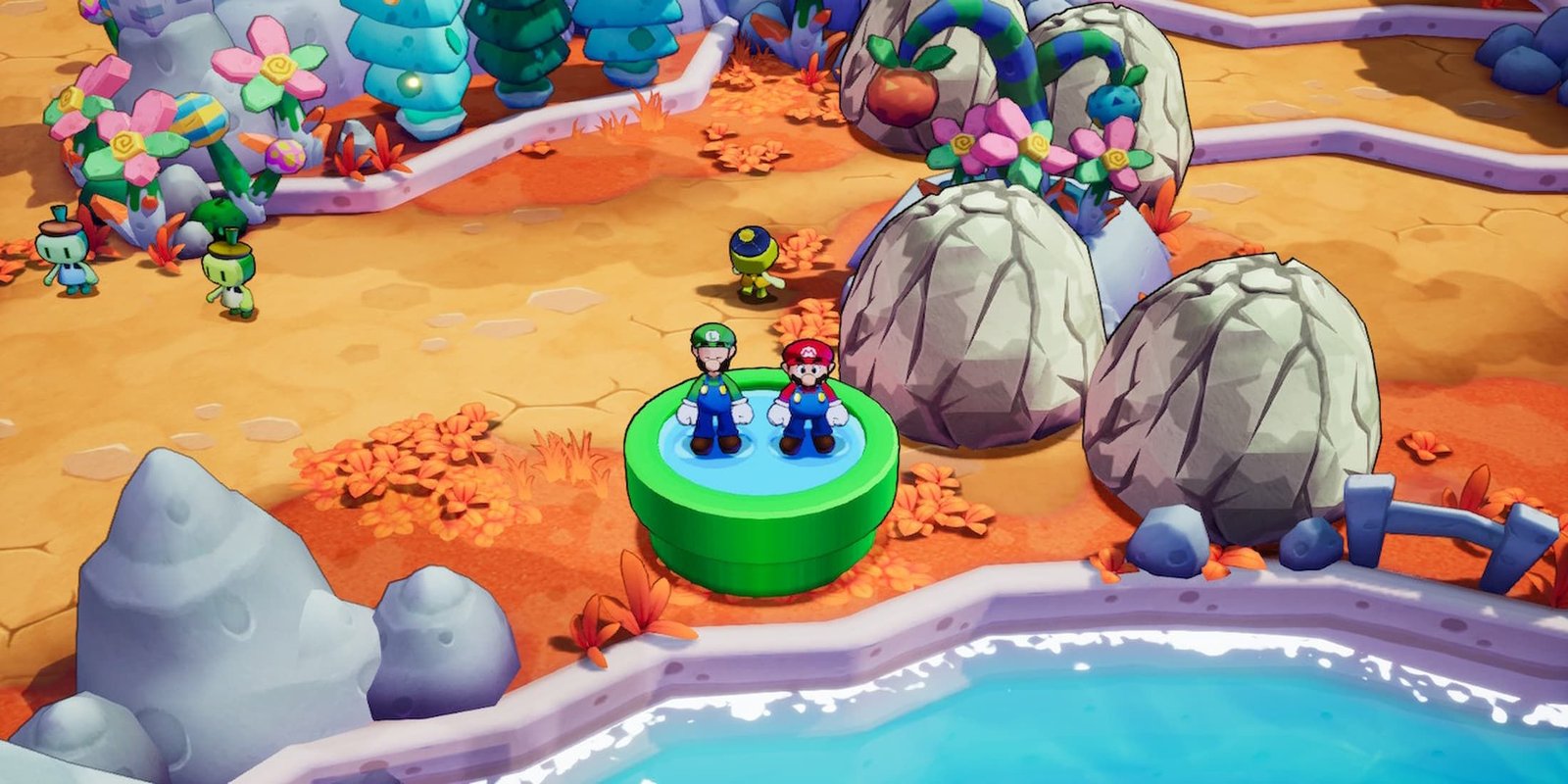 Mario and Luigi Standing On A Green Pipe