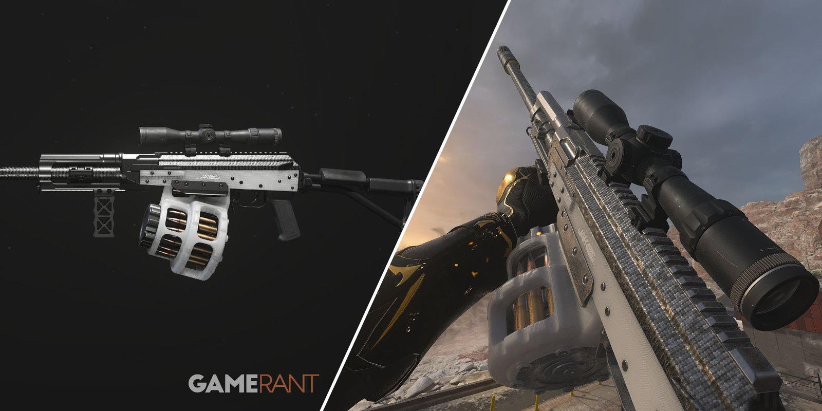 Split-image showcasing the JAK Cataclysm Aftermarket Part for the RPK in Modern Warfare 3 and Warzone