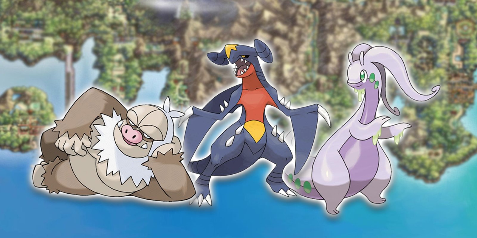 Garchomp, Slaking, and Goodra highlighted against the world map of Pokemon Silver