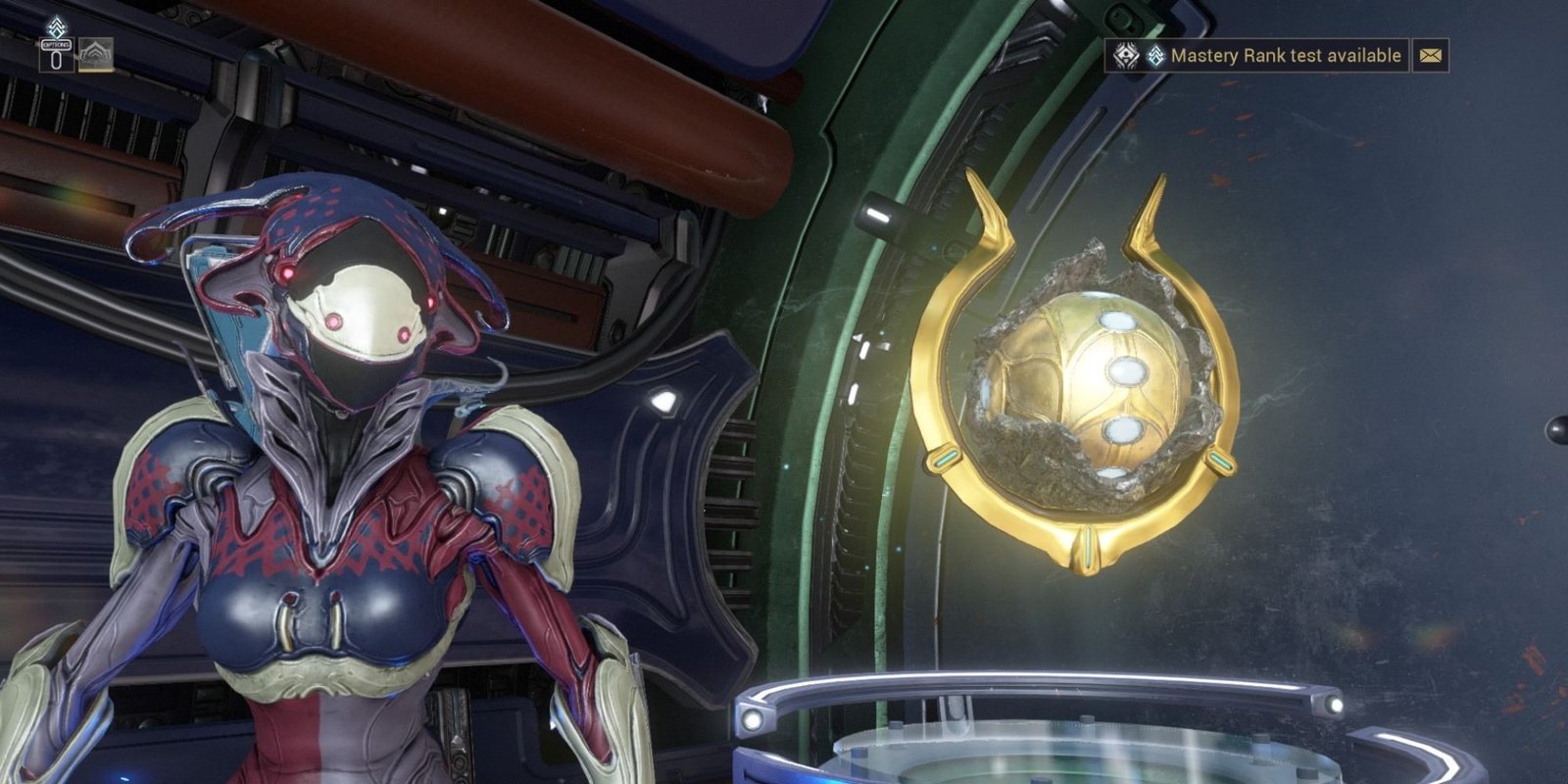 Mirage standing next to the Void Relic section of the orbiter on Warframe