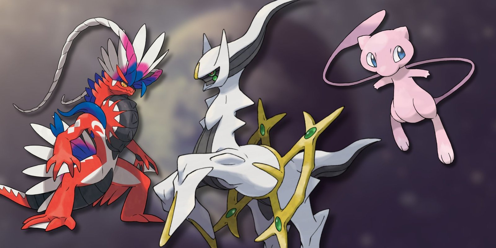 A collage of some of the strongest ancient Pokemon in the series: Koraidon, Arceus and Mew.