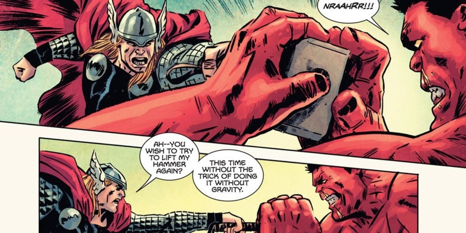 Red Hulk catching Thor's hammer