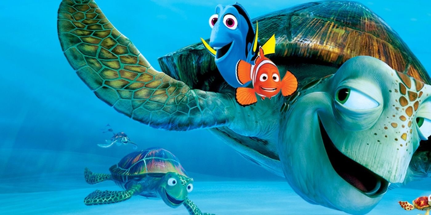 Marlin and Dory swimming with turtles