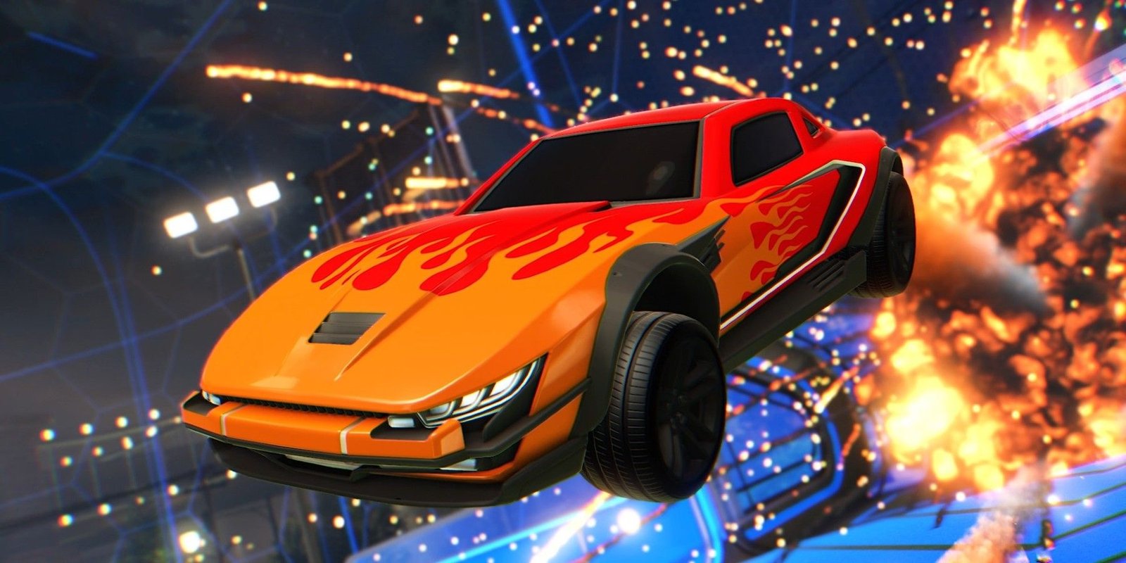 Rocket League Redline car showcase flying through arena fireworks