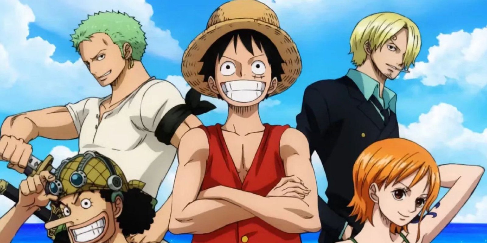 One piece anime characters: Monkey D. Luffy, Roronoa Zoro, Sanji, Nami, and Usopp