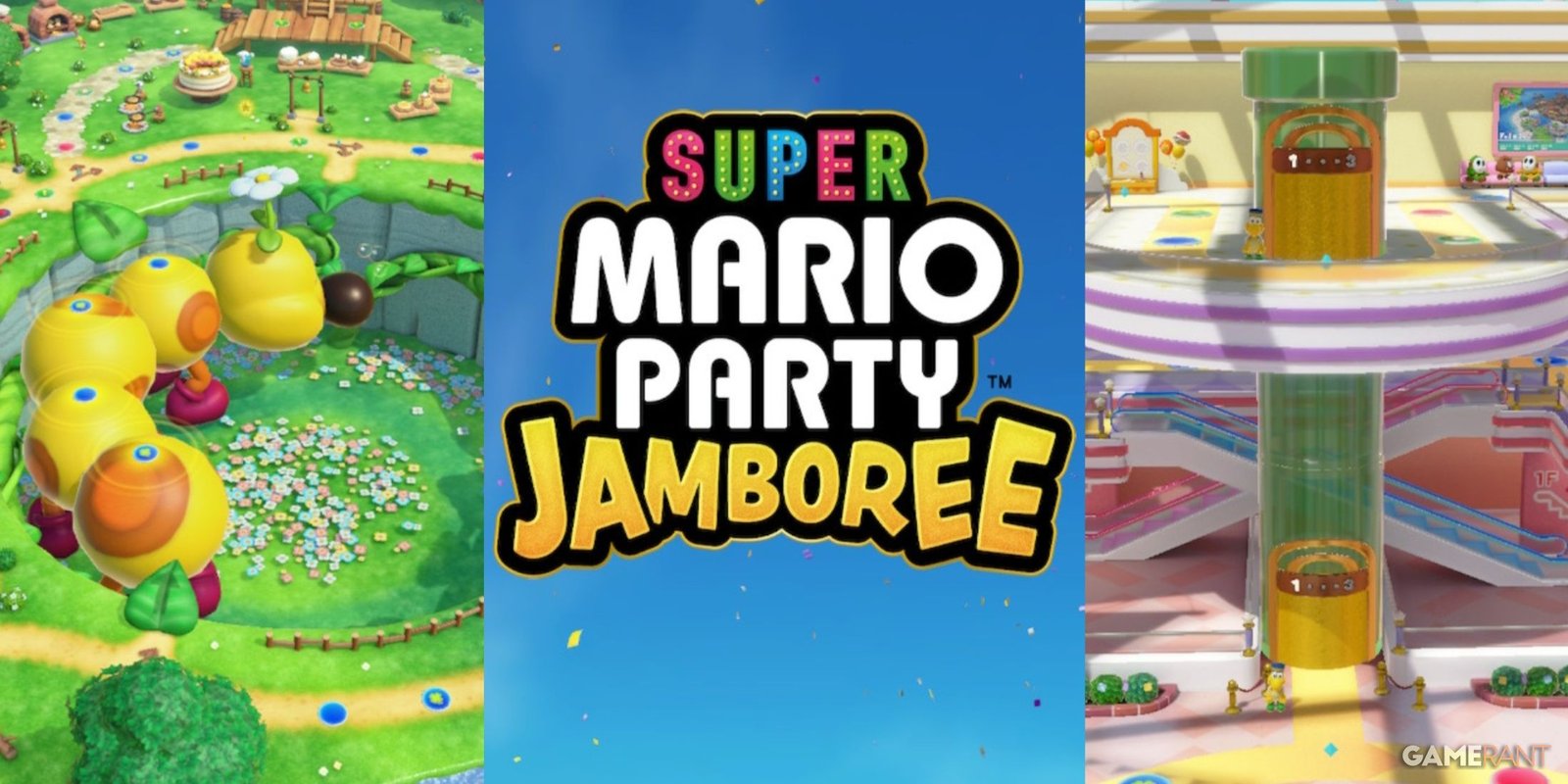 Super Mario Jamboree title screen with wiggler image and rainbow galleria mall