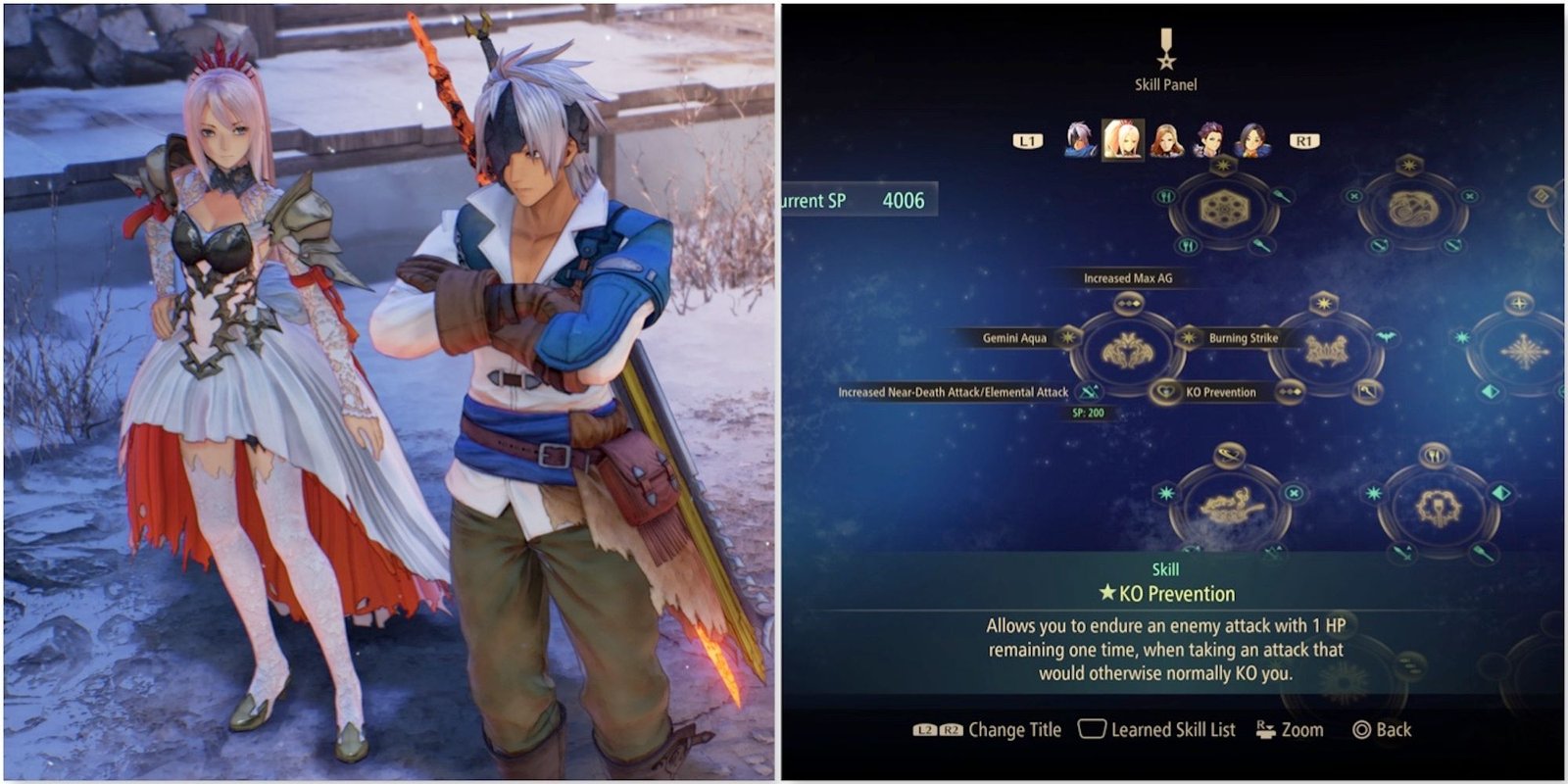 Shionne and Alphen and the skills menu from Tales of Arise