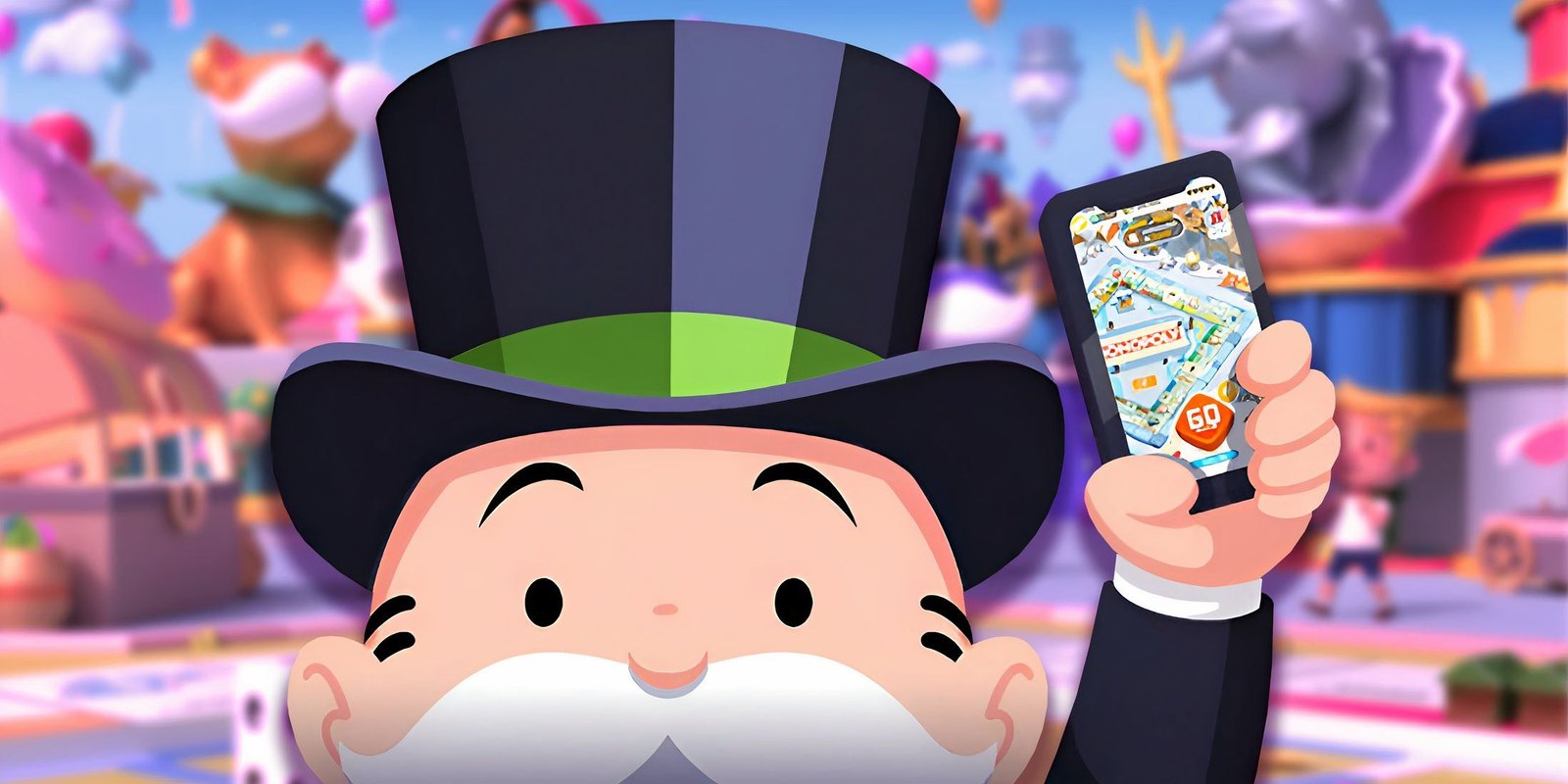 The Monopoly guy holding a phone with Monopoly Go on it