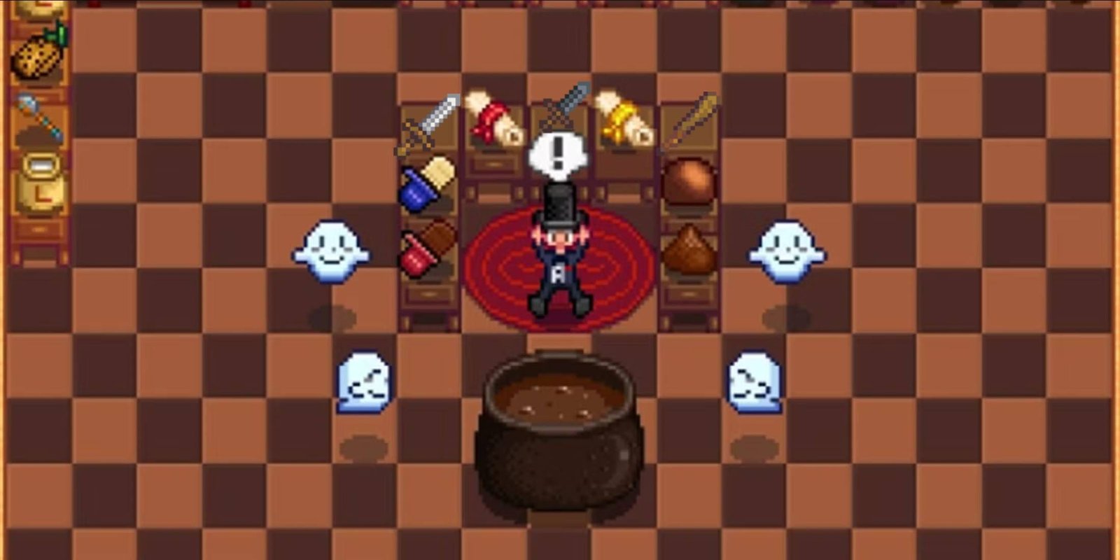 Steel Smallsword, Iron Dirk, and Wood Club from Stardew Valley over a screenshot from Haunted Chocolatier