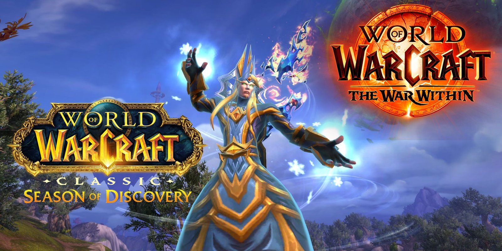 a blood elf mage with the wow the war within and the wow classic sod logos