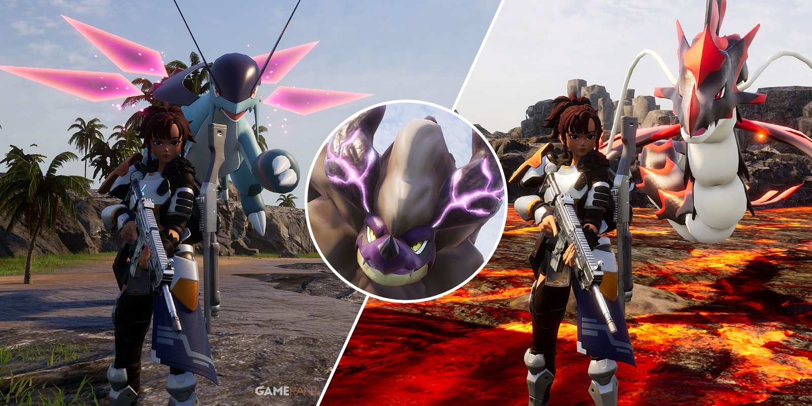 Split-image showcasing Jetragon, Blazamut Ryu, and Jormuntide Ignis in Palworld