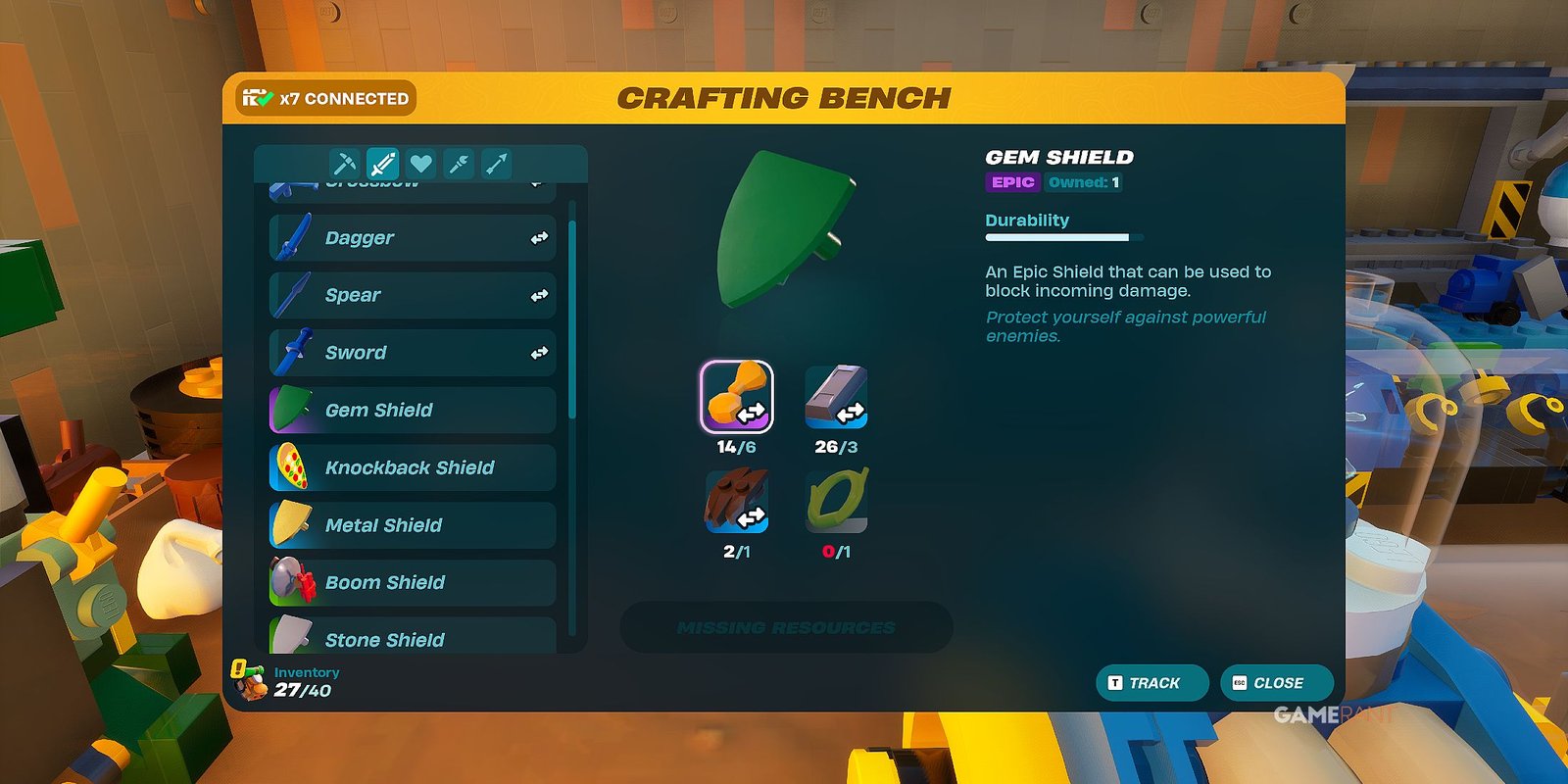 how to craft a Gem Shield with Cut Amber in LEGO Fortnite Odyssey 