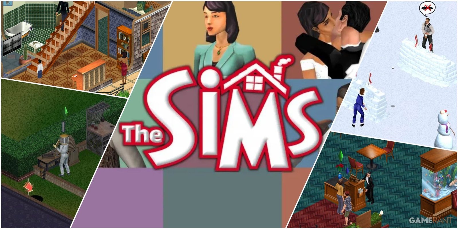 A Collage Of Key Art & Key Frames From The Sims 1 Showing Characters In A Variety Of Situations